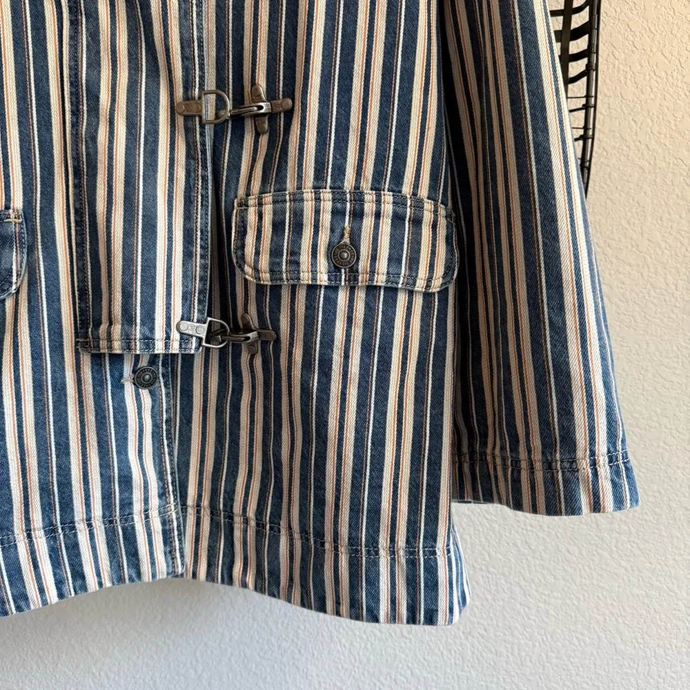Free People Blue and White Striped Jean Jacket with Brown Corduroy Collar - Picture 4 of 8